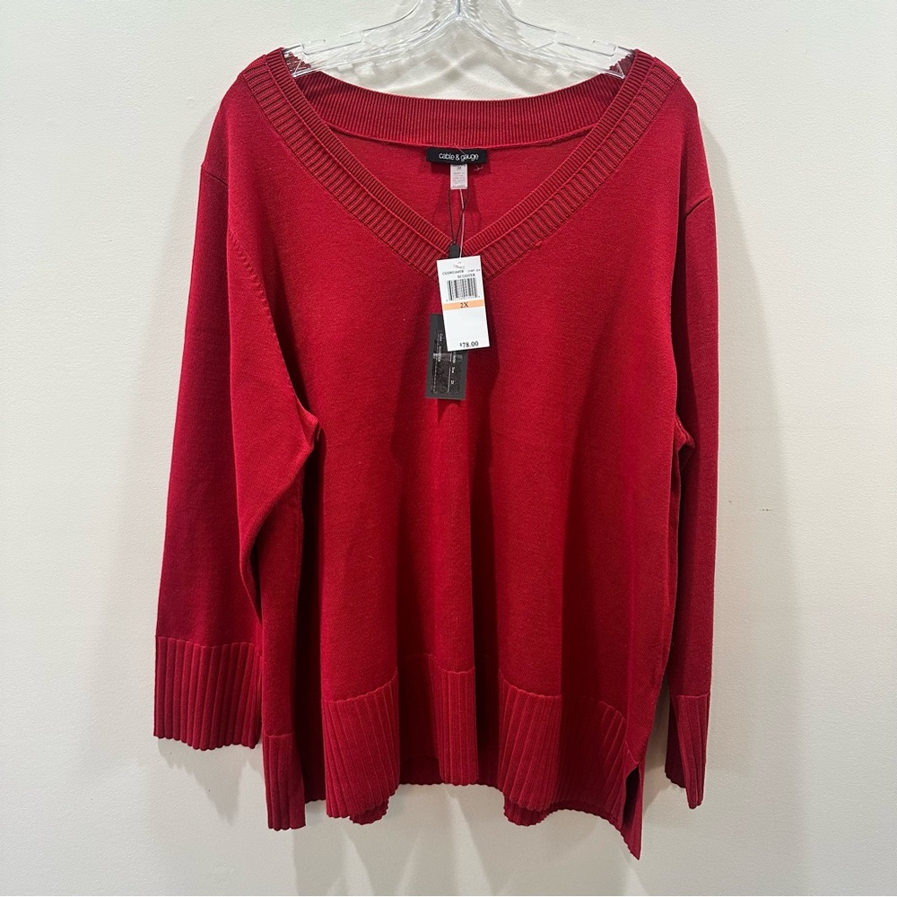 Cable‎ & Gauge Red V-Neck Sweater Women's Size 2X NEW - Picture 4 of 9